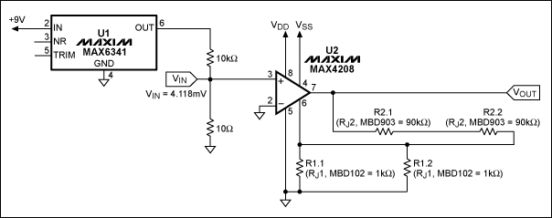 Precision Instrumentation Ampl,Figure 2. MAX4208 configured with external rejustors provides a gain of 360V/V.,第3张