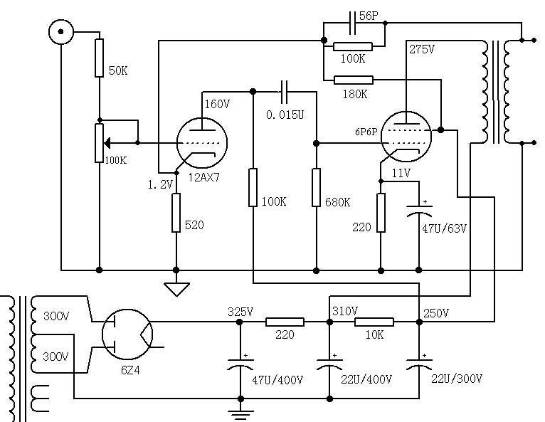 胆机电路图12AX7推6p6p电子管,第2张