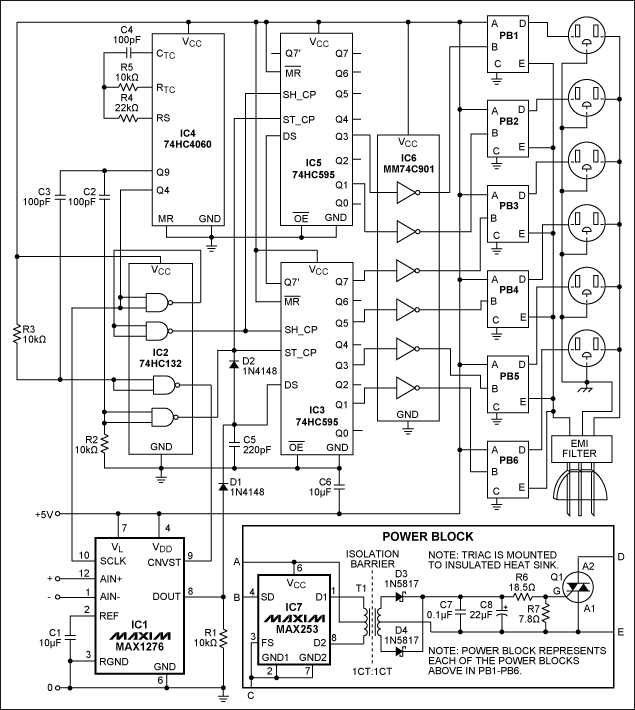 Set Your Holiday Lights to Mus,Figure 1. Driven by a 0-to-2.048V music signal applied at IC1 pins 12 and 1, this circuit activates the six AC outlets according to the music amplitude, in a logarithmic thermometer-code format.,第2张