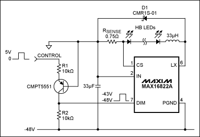 Logic-Level Signals Dim -48V L,Figure 1. This LED driver applies -48V to the LEDs, but accepts a 0-to-5V dimming signal.,第2张