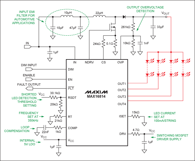 Overcome the Challenges of Int,Figure 5. This is an example of a complete automotive design for a heads-up or running-light driver subsystem, including all the external components and an input EMI filter. Because of the low noise of the MAX16814, the EMI filter component value can be kept low.,第6张