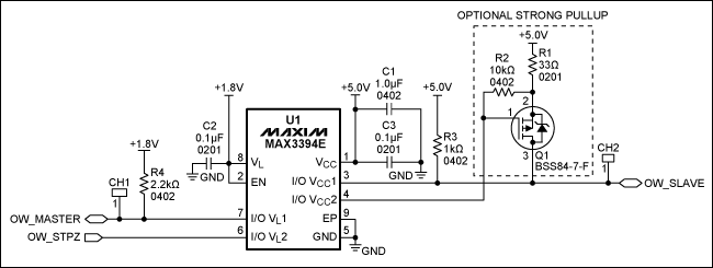 Reference Design of a 1-Wire B,Figure 1. Schematic of 1-Wire bidirectional voltage level translation from 1.8V to 5V. Note that the pins I/O VL and I/O VCC have a typical 10kΩ internal pullup.,第2张