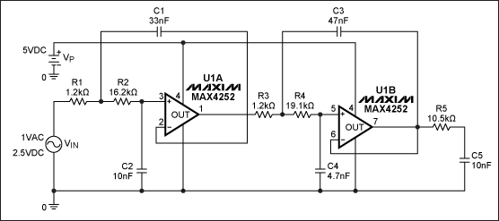 Integrated Solutions Make Anal,Figure 1. Two op amps and a handful of passive parts comprise this 5th-order, 1.0kHz, lowpass Bessel filter.,第2张