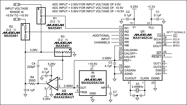 ADC Input Translator,Figure 1. This circuit enables an ADC with input range of 0V to 5V (single-ended or differential) to accept inputs in the range ±10.5V.,第2张