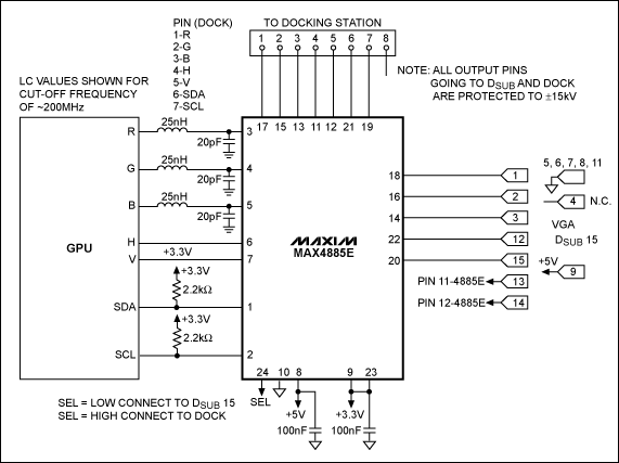 Reference Design for Switching,Figure 1. Application circuit for a VGA connection between a laptop and docking station features the MAX4885A VGA switch. The connector pin assignment for the docking station is determined by the designer. This design is just an illustration of one configuration.,第2张