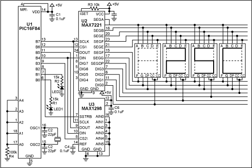 12-Bit Thermometer Using an 8-,Figure 1. With an assembly-language routine and the free assembler, this circuit allows an 8-bit µC to implement a 12-bit digital thermometer. ,第2张