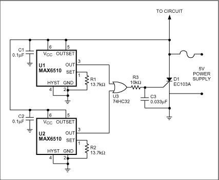 Thermal Switches Provide Circu,Figure 1. This thermal-protection circuit includes a crowbar device (D1) driven by thermal switches U1 and U2.传感器,第2张