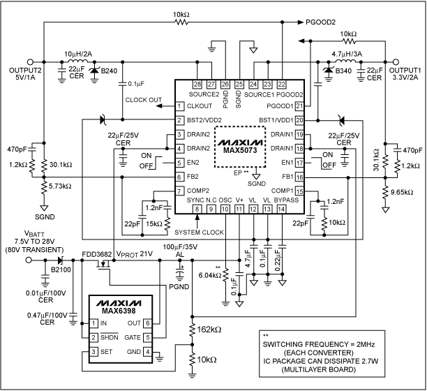 高频汽车电源设计,图 6. MAX5073 2MHz buck转换器配合MAX6398保护开关的典型电路，该设计具有高性能以及较高的抗干扰能力。,第9张