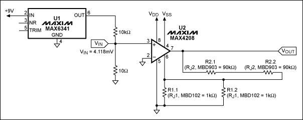 使用rejustor和精密仪表放大器支持高增益应用,图2. MAX4208配合外置rejustor实现360V/V增益,第3张