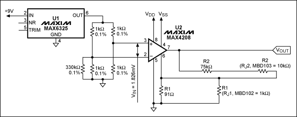 使用rejustor和精密仪表放大器支持高增益应用,图6. MAX4208配合外置rejustor和电阻实现1000V/V增益,第4张