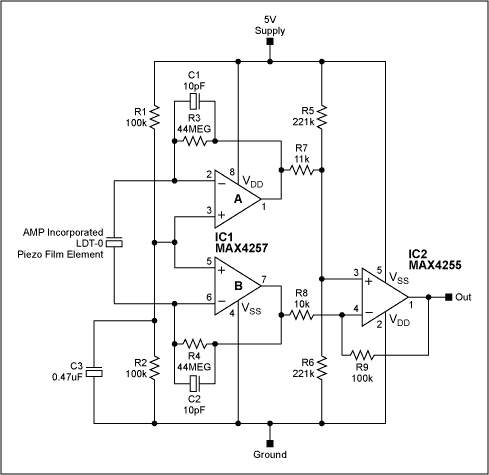 放大器信号调理的Piezofilm传感器-Amplifier,Figure 1. This amplifier is designed to extract the piezofilm sensor,第2张