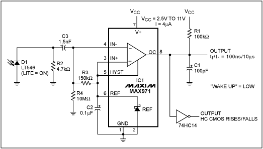 红外传感器监测航迹主机系统-IR SensorMonit,Figure 1. This low-quiescent-current circuit (4µA maximum) interrupts the host processor when it detects an IR signal.,第2张