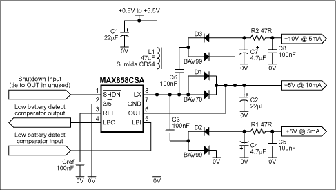 Boost Converter Generates Thre,Figure 1. Adding external charge pumps to this 5V boost converter produces auxiliary analog rails of 10V and -5V.,第2张