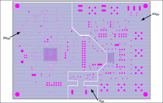 高性能、多通道、同时采样ADC在数据采集系统(DAS)中的设,图11. 基于8通道MAX11046的DAS系统电路板布局的第4层，电源平面分区。,第12张
