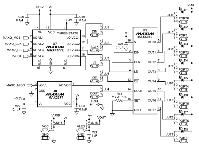 采用MAXQ2000微控制器和MAX6970 LED驱动器显,Figure 1. MAX6970EVKIT schematic.,第2张