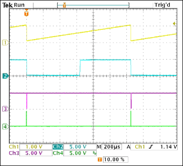 ICs Form Simple Thermometer-St,Figure 2. These waveforms illustrate the circuit operation in Figure 1. Trace 1: linear ramp generated by amplifier B of the MAX4478. Trace 2: output of amplifier C, which compares the ramp and input voltages. Trace 3: shift-register reset pulse generated by amplifier A. Trace 4: the last shift-register output.,第3张