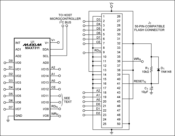 I2C Interface Connects Compact,Figure 1. This circuit employs a 16-bit I/O extender (the MAX7311) to connect a compact flash connector to the I²C bus of a microcontroller.,第1张