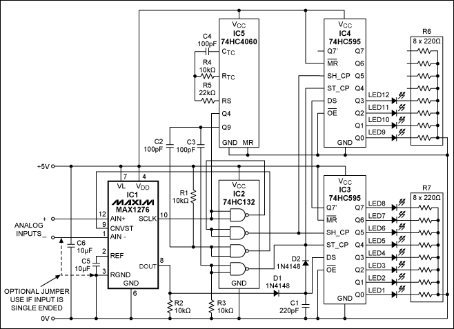 Logarithmic LED Panel Display,Figure 1. This stand-alone panel-display circuit drives a 12-LED logarithmic column, whose height changes by one LED for each 6.02dB change in the input voltage.,第2张