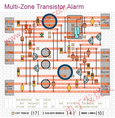 如何建立一个可扩展的基于晶体管的防盗报警器,Stripboard 布局 www.elecfans.com,第3张