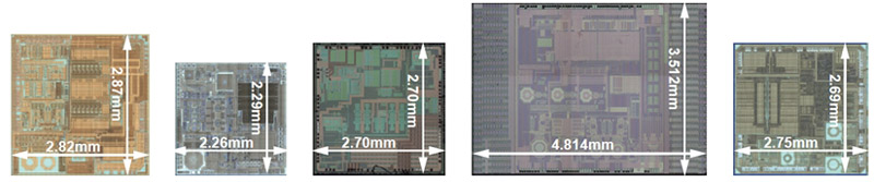 五款主流CMMB调谐器的特性比较,图1: 5款芯片实际比例去封装顶层图(左起分别为ADMTV102、ADMTV803、MxL5007T、SMS1180和TP3021)。,第2张