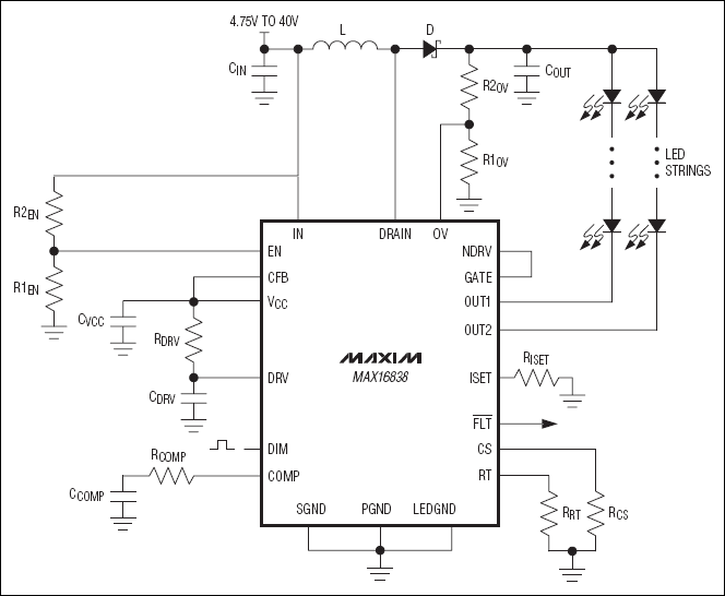 MAX16838 集成2通道、高亮度LED驱动器，提供高压b,MAX16838: Typical Operating Circuit,第2张