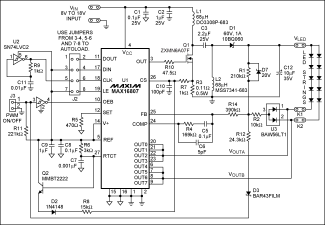 利用高亮度LED和SEPIC电源模块构建显示器背光方案,图2. 采用MAX16807 SEPIC LED驱动器的图1电路原理图(VIN = 8V至18V，VLED = 22V [自适应]，ILED = 150mA/串)。,第2张