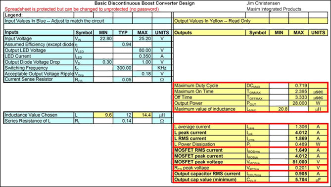 Boost driver for long LED stri,Figure 5. Design spreadsheet. To get the spreadsheet for use in your design, contact your local Maxim sales office.,第5张