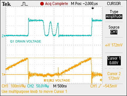 Boost driver for long LED stri,Figure 6. Drain voltage and current-sense resistor voltage (50mΩ).,第6张