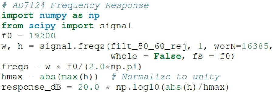 转换器连接教程：Python分析混合模式信号链中噪声的方法,图 16. 带有 sinc 60 Hz 滤波器的 sinc3 50 Hz 陷波滤波器的 AD7124-8 代码示例。,第22张