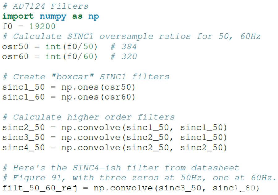 转换器连接教程：Python分析混合模式信号链中噪声的方法,图 13. 50 Hz/60 Hz sinc 滤波器的 AD7124-8 代码示例。,第19张