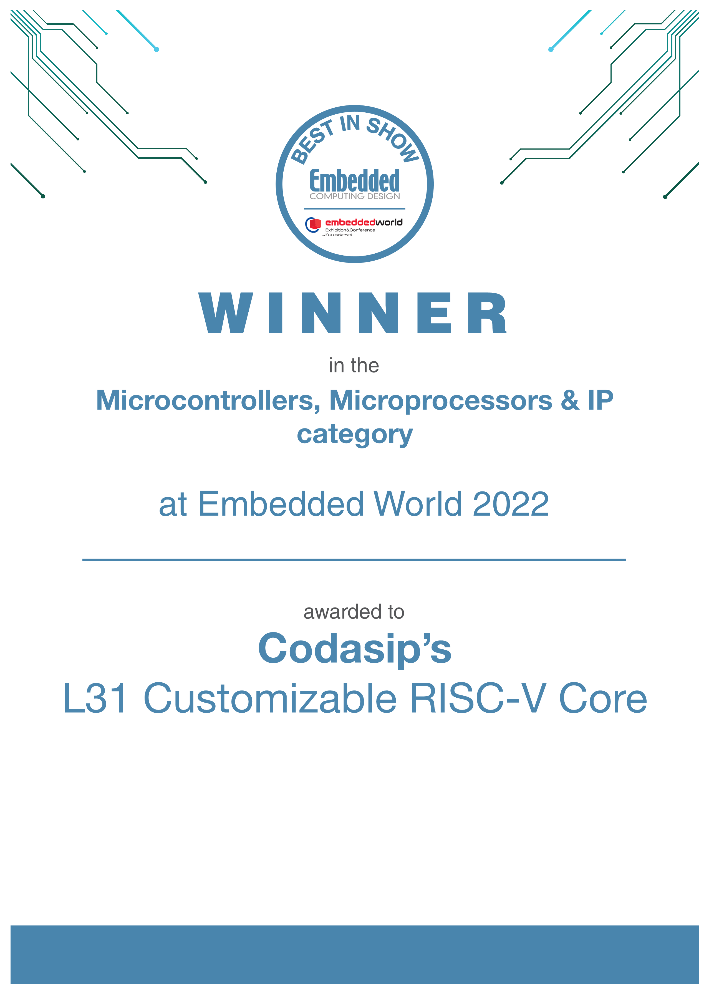 Codasip的可定制L31 RISC-V内核荣获Embedded World展会最佳产品大奖,第2张