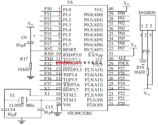 汽车空调温度控制系统设计,图2 STC89C52RC 微控制器模块和DS18B20 的连接电路图,第3张