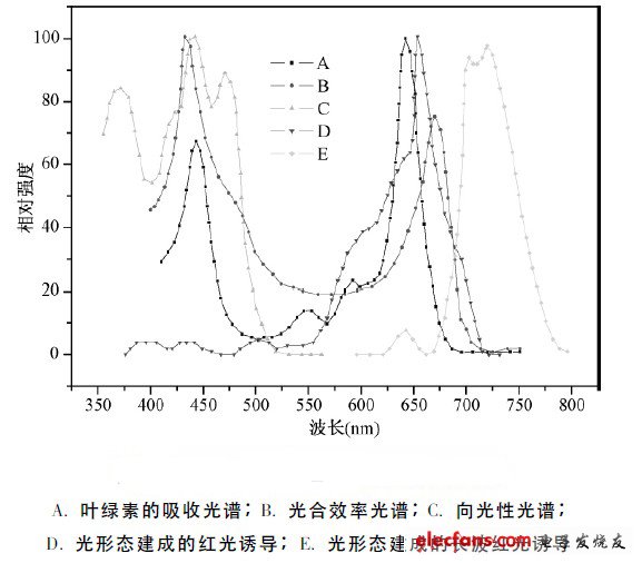 基于单片机的LED水族光源的设计,图1 五个主要的植物光生化反应作用光谱,第2张