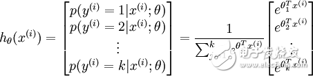 机器学习中几种常见回归函数的概念学习,egin{align}h_	heta(x^{(i)}) =egin{bmatrix}p(y^{(i)} = 1 | x^{(i)}; 	heta) \p(y^{(i)} = 2 | x^{(i)}; 	heta) \vdots \p(y^{(i)} = k | x^{(i)}; 	heta)end{bmatrix}=frac{1}{ sum_{j=1}^{k}{e^{ 	heta_j^T x^{(i)} }} }egin{bmatrix}e^{ 	heta_1^T x^{(i)} } \e^{ 	heta_2^T x^{(i)} } \vdots \e^{ 	heta_k^T x^{(i)} } \end{bmatrix}end{align},第7张