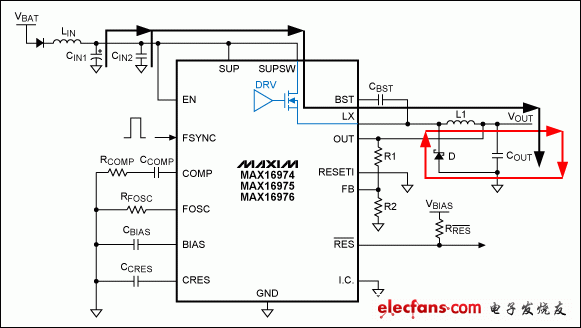 如何优化MAX16974-MAX16976的电路布局,图2a. HSFET导通(黑色)或续流二极管导通(红色)情况下的直流电流路径,第3张