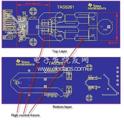 以高瓦数数字放大器进行设定,TAS5261 参考设计 PCB 的高电流信号线范例,第4张