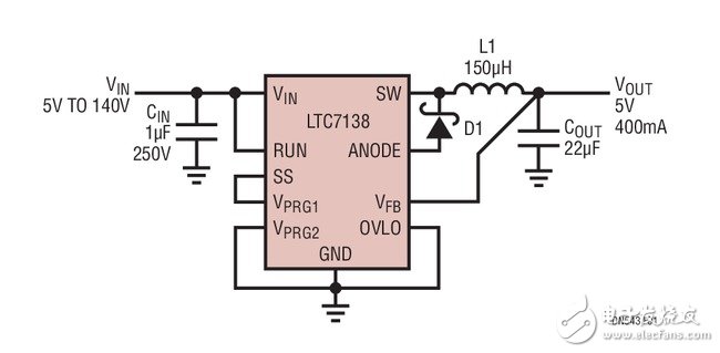 汽车降压型稳压器的电路设计分析—电路图天天读（292）,Figure 1. High Efficiency 5V, 400mA Buck Regulator,第2张