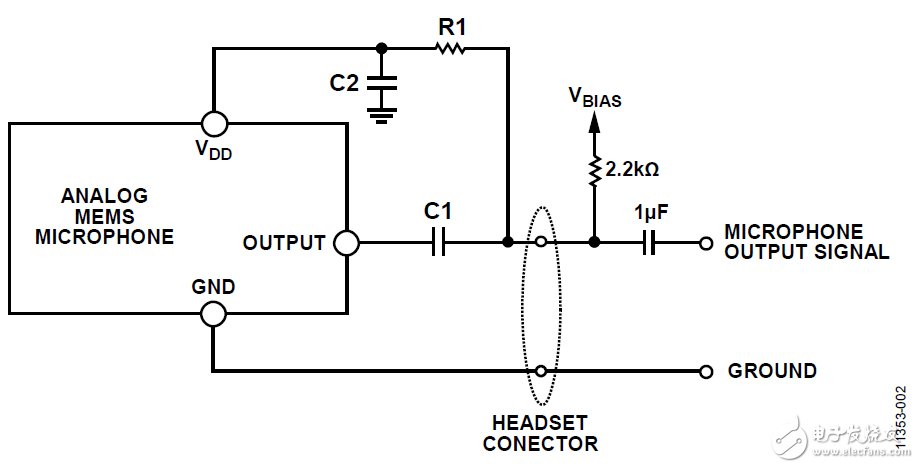 在双线式麦克风电路中使用MEMS麦克风,图2. 将一根线用于电源和输出信号的MEMS麦克风,第3张
