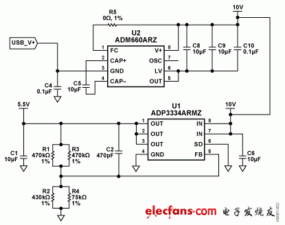 MEMS陀螺仪应用案例:利用ADI ADXRS450检测角速度,Figure 2. Voltage Regulation from a 5 V USB Supply to 5.5 V for ADXRS450 Adjustable Supply Voltage ,第3张