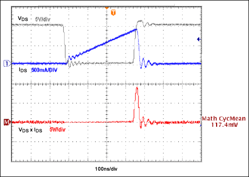 An Efficiency Primer for Switc,Figure 5. The switching cycle of a typical high-side MOSFET in a step-down converter is shown for the example where a 10V input is converted to 3.3V at 500mA. Switching frequency is 1MHz and the switching transient is 38ns.,第6张