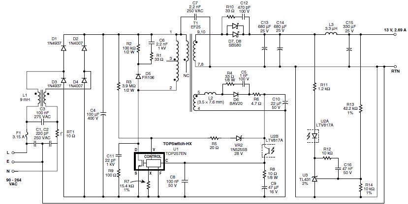 使用TOP257EN的35 W LCD显示器电源的电路设计,第2张