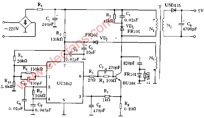 UC3842构成的单端反激式开关电源的实用电路,第2张