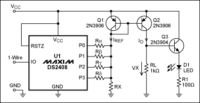 DS2408应用电路(4通道),Figure 1. This 4-bit DAC is controlled by a 1-Wire interface. (DS2408 outputs P4 to P7 are not used.),第2张