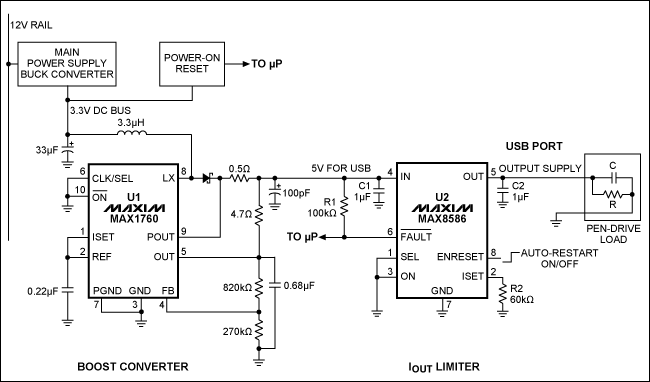 MAX8586+MAX1760组成的USB接口电源供电电路,Figure 1. While generating 5V for the USB port, this circuit also limits peak inrush currents at the moment of insertion (at the USB connector), and limits operating current to 500mA as required by the port.,第2张