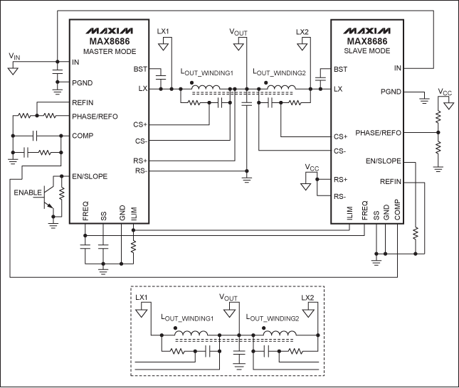 利用耦合线圈拓扑改善双相buck转换器的性能,Figure 1. Schematic of a two-phase buck converter with a coupled choke. Note the polarity of winding for out-of-phase connection. The winding polarity shown here produces the best performance. In the inset, two inductors are also used to reduce the magnetic coupling. Now polarity does not matter.,第2张