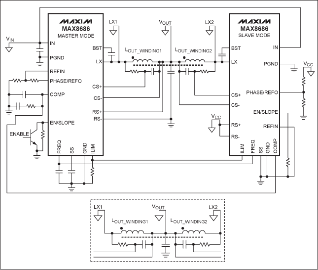 Improve Two-Phase Buck Convert,Figure 1. Schematic of a two-phase buck converter with a coupled choke. Note the polarity of winding for out-of-phase connection. The winding polarity shown here produces the best performance. In the inset, two inductors are also used to reduce the magnetic coupling. Now polarity does not matter.,第2张