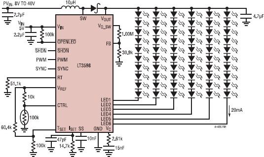 基于LT3598驱动器的多串LED背光源应用及电路,用于驱动60个20mA LED的驱动电路图,第2张