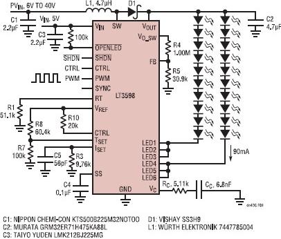 基于LT3598驱动器的多串LED背光源应用及电路,用于驱动两串90mA LED的驱动电路图,第4张