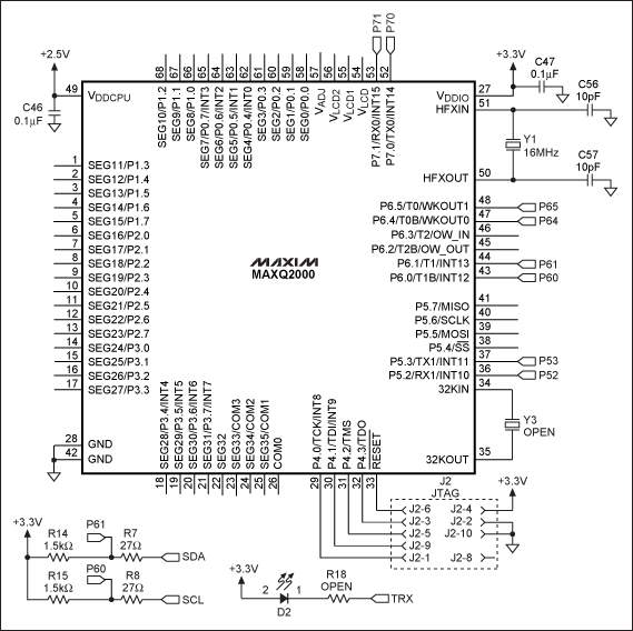 I&sup2;C总线的验证及实现--Proven Imple,Figure 3. This schematic (based on the MAXQ2000 low-power LCD µC) depicts an I²C master capable of operating in Standard, Fast, or Hs mode.,第4张