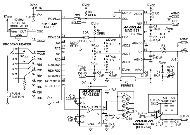 I&sup2;C总线的验证及实现--Proven Imple,Figure 2. The  I²C peripheral  internal to this PIC18F442 µC connects to a 16-bit ADC (MAX1169).,第3张